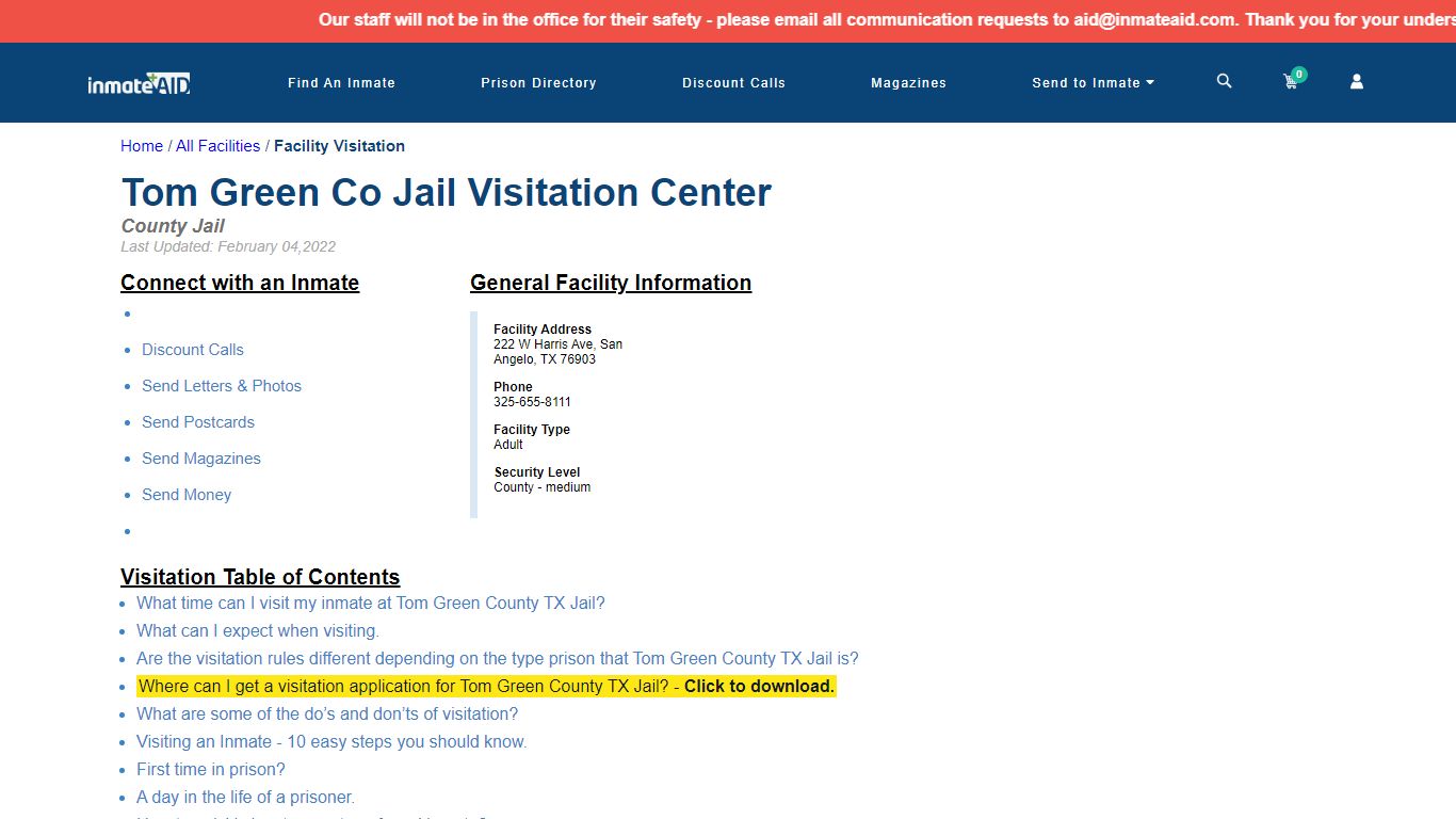 Tom Green County TX Jail | Visitation, dress code & visiting hours